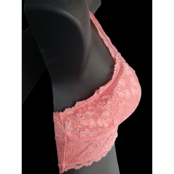 A-Shape  Wirefree Fine Intricate Peach Lace Halter Plunge Bralette Crop bra - Picture 4 of 7